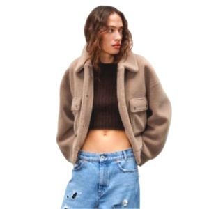 Zara FAUX SHEARLING BOMBER JACKET WITH POCKETS Coat Teddy Fleece